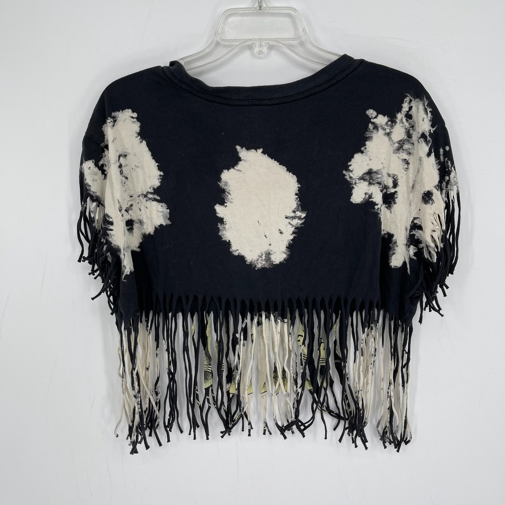 AC/DC Women's Black Bleach Wash Band Edgy Short Sleeve Fringe Crop Top Size M - Picture 2 of 4